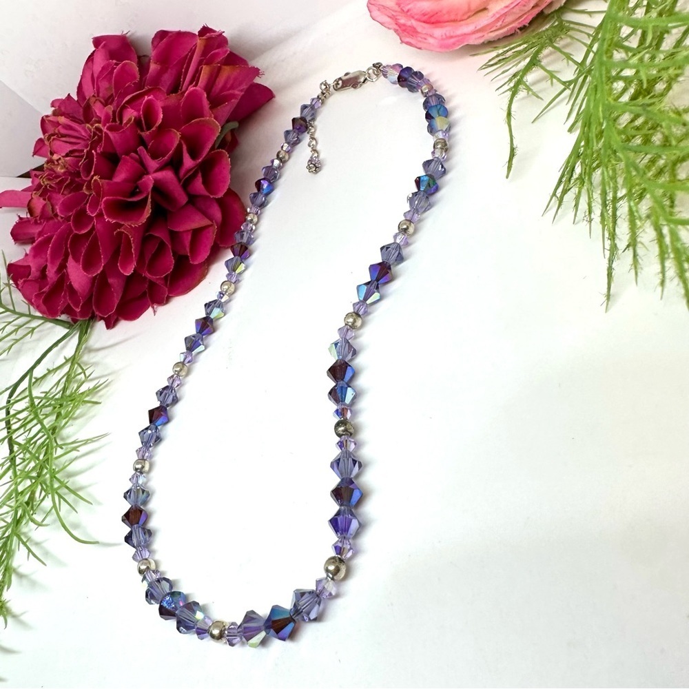 VINTAGE⚜️STERLING SILVER Lavender Crystal Beaded Necklace - Picture 3 of 7